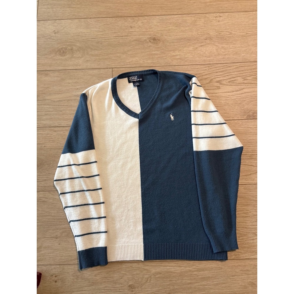 Polo Ralph Lauren V-Neck Sweater Womens Large Blue White Colorblock Striped